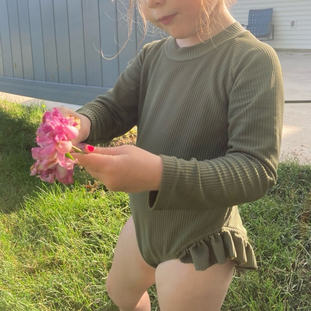 Salty Swimwear ribbed olive green girls ruffle swimsuit